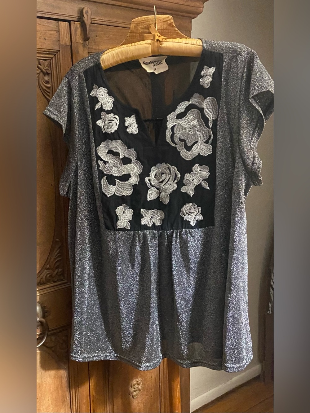 Savanna Jane Silver & Black  Embroidered Top, 2X